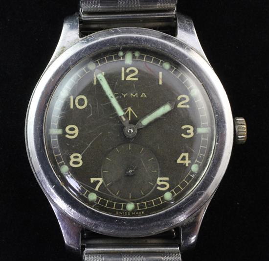 A 1940s/1950s? stainless steel Cyma military manual wind wrist watch,